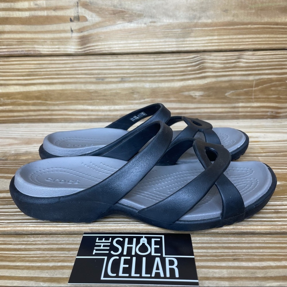 Crocs Women’s 7 Slide On Black Gray Comfort Sandals In Excellent Condition